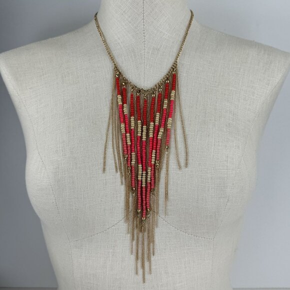 Boho-Chic Fringe Necklace Multicolor Beads Gold Tone Chains By Claires 19" -21" - Picture 2 of 7